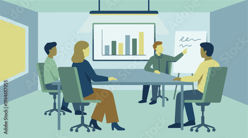 Business team collaborating in a meeting room with charts and whiteboard