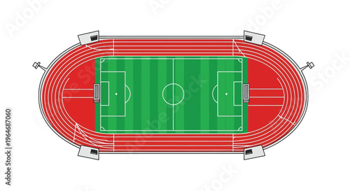 Aerial view of a stadium featuring a soccer field and running track
