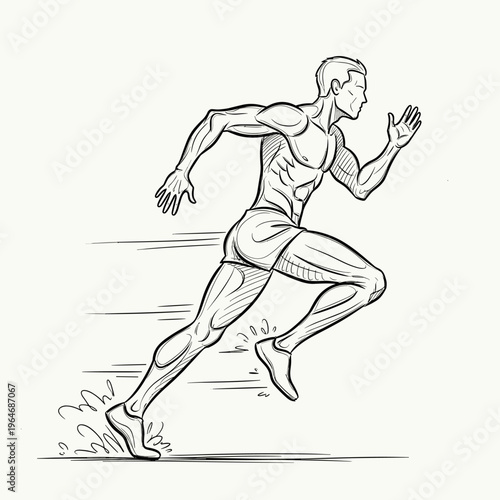 Athletic male runner line art vector, sprinting man sketch with motion lines, dynamic fitness and track sports illustration