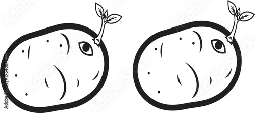 Simple cartoon potato with green sprouts.