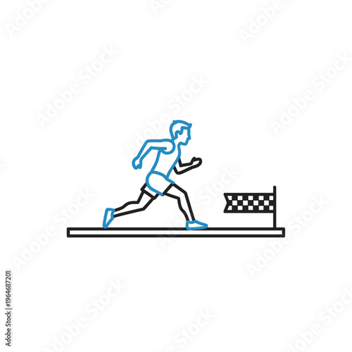 Running athlete crossing finish line vector, sprinter reaching race goal, blue and black line art sports icon