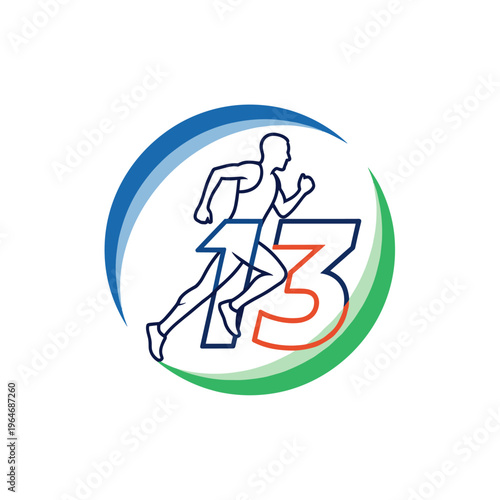 Running man number 13 logo vector, marathon athlete silhouette icon, sports competition emblem with blue and green swoosh