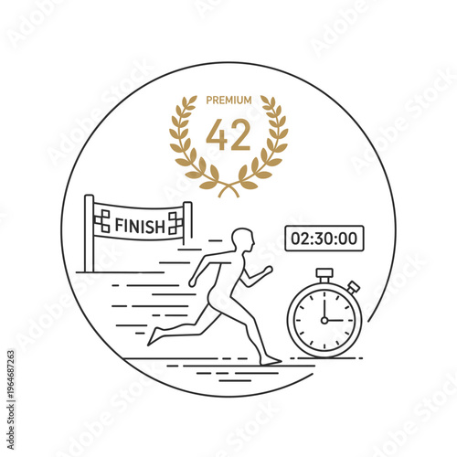 Marathon runner crossing finish line vector, athlete sprinting with stopwatch and laurel wreath, 42 premium sports icon