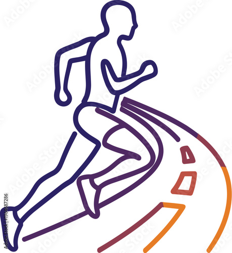 Running man line art vector, male athlete jogging on road, purple and orange gradient marathon runner icon