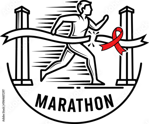 Marathon runner crossing finish line vector, charity run with red awareness ribbon, athlete winning race emblem