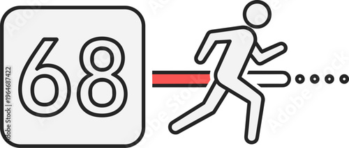 Minimalist running man icon with number 68, athletic sprinter vector illustration, sports performance and speed concept