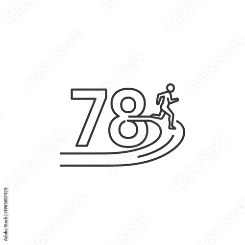Minimalist number 78 logo with running man icon, black line art runner on track, sports and fitness vector graphic
