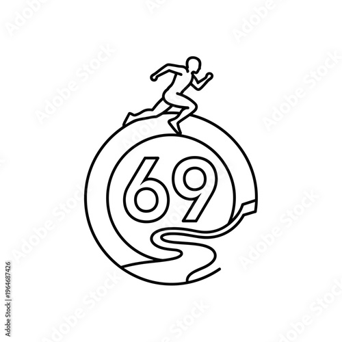 Minimalist running man logo with number 69, black line art athlete sprinting on circular path, sports vector icon