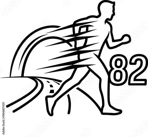 Running man silhouette with speed lines and number 82, marathon runner athlete vector, black and white sports icon