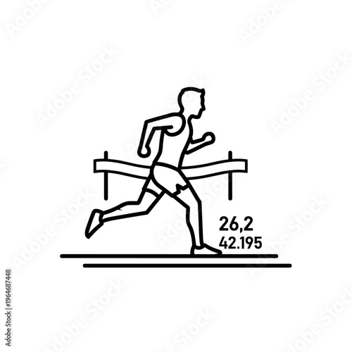 Marathon runner crossing finish line, minimalist athlete sprinting vector, 26.2 and 42.195 race distance icon