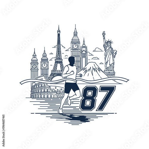 Marathon runner crossing finish line, world landmarks travel background, line art vector illustration with number 87