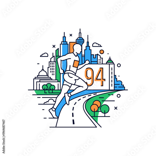 Modern line art marathon runner, athlete sprinting on city road with skyscrapers, urban jogging and fitness vector illustration