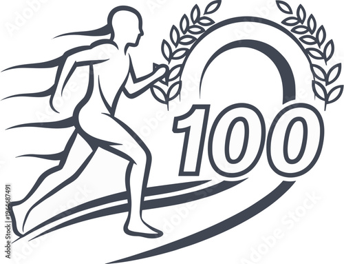 Running man silhouette with number 100 and laurel wreath, marathon runner athlete vector, sports achievement icon