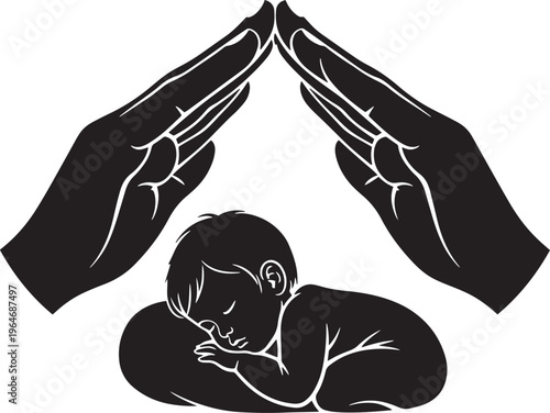 Hands forming protective roof over sleeping baby vector illustration, symbolizing safety, care, and protection for newborns and children.