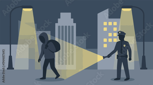 Police officer shining flashlight on a burglar in an urban night scene