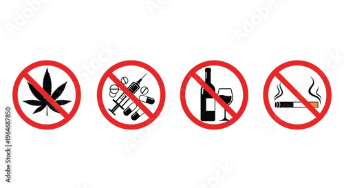 Prohibited substances marijuana drugs alcohol and cigarettes shown with red slashes