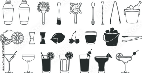 Cocktail bar icons: shaker, strainer, jigger, glasses, ice bucket, cherries, garnish, black and whit