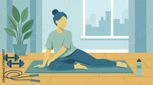 Healthy lifestyle illustration of woman doing home fitness workout