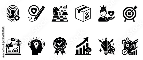 Business concept icons illustrating strategy, innovation, marketing, growth, and achievement in a clean graphic style.