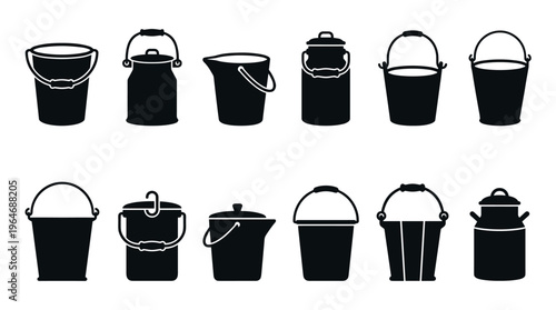 Black silhouette buckets, pails, and milk cans in a diverse collection of liquid containers and vessels.