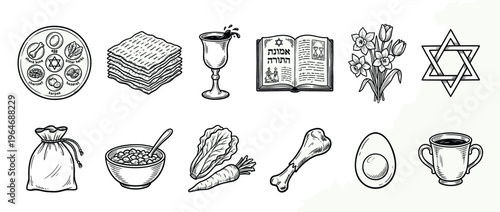 Passover Seder items and Jewish symbols in a hand-drawn black and white illustration, depicting traditional elements for the holiday celebration.