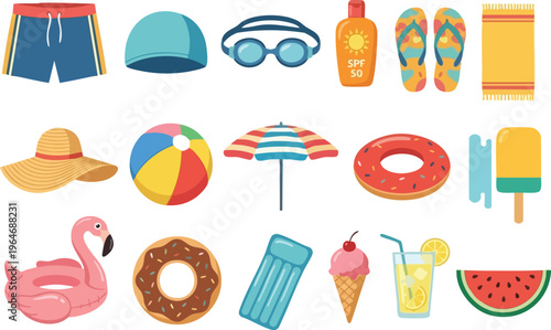Summer Pool Items Set and beach Elements Flat Illustration