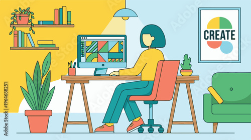 Creative professional working on computer in modern minimalist home office