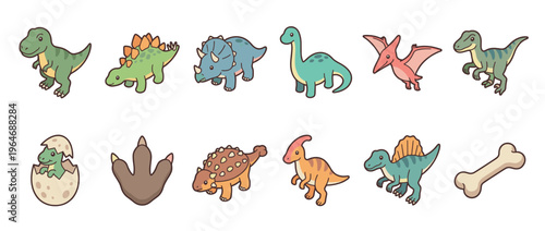 Cute cartoon dinosaurs and prehistoric elements including a baby hatching from an egg, a footprint, and a bone, in a playful vector illustration style.