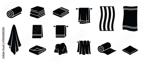 Towels icons set depicting various forms of textile products for bathroom, kitchen, and spa use in a clean graphic style.