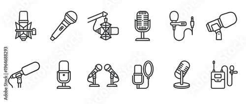 Microphones and sound recording equipment icons set featuring various types of professional audio devices for broadcasting, podcasting, and music production.