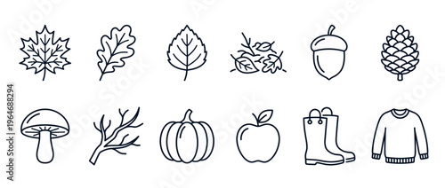 Autumn icons collection featuring various seasonal elements like leaves, pumpkins, and warm clothing for fall designs.