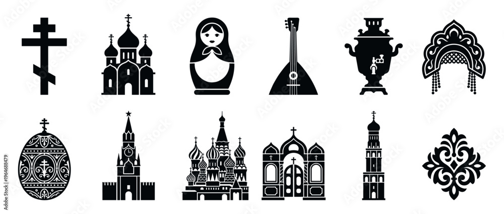 Fototapeta premium Russian cultural symbols and religious icons including churches, a matryoshka doll, balalaika, samovar, and traditional architecture elements.
