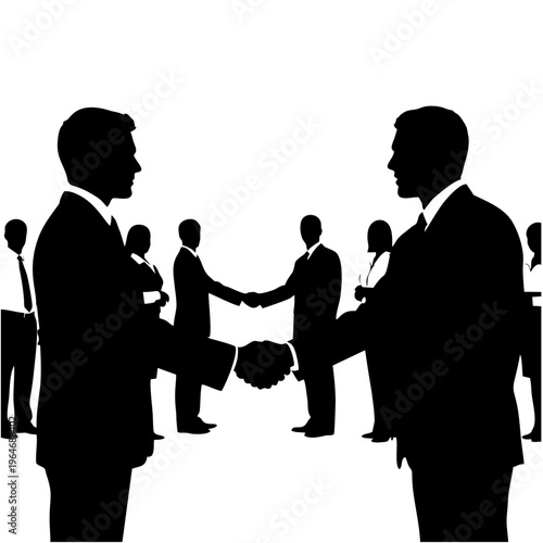 Businessmen shaking hands in front of colleagues symbolizing partnership and agreement in a professional setting with silhouettes
