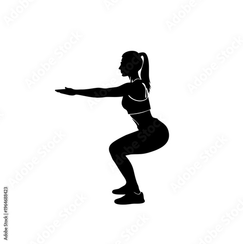 Woman performing squat exercise in black silhouette against white background fitness and workout concept