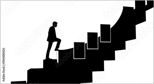 Businessman climbing up stairs with growth blocks symbolizing career advancement and success