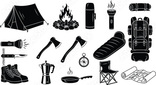 Black and white icons of camping and outdoor adventure gear on white background vector set