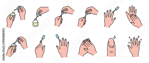 Hands applying nail polish step by step, illustrating the process of manicure and nail care for beauty and hygiene routine.
