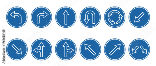 Road signs, arrow symbols, and traffic direction indicators in a collection of blue circular icons for navigation and mandatory instructions.