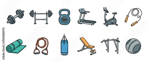 Comprehensive collection of various gym fitness equipment for exercise and workout routines.