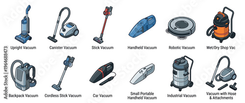 Collection of various vacuum cleaners including upright, canister, stick, handheld, robotic, and industrial models for home and commercial cleaning.