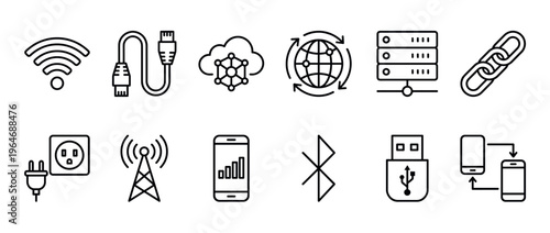 Technology icons, network icons, and communication symbols representing various aspects of digital connectivity, data transfer, and internet infrastructure.