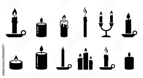 Candle icons set featuring various shapes and styles of burning wax candles with flickering flames, including pillar, taper, and tealight designs.