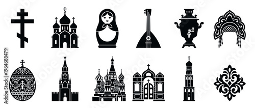 Russian cultural symbols and religious icons including churches, a matryoshka doll, balalaika, samovar, and traditional architecture elements.