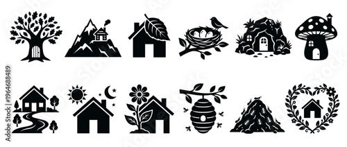 Nature and home icons collection featuring various houses, animal habitats, and natural elements in a simple silhouette style.