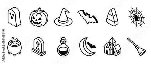 Collection of Halloween icons featuring spooky symbols like a ghost, pumpkin, witch hat, bat, and haunted house in isometric line art style.
