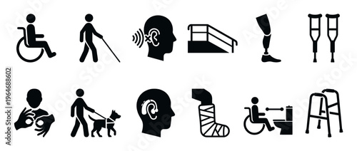 Collection of disability and accessibility icons representing various physical and sensory impairments and assistive devices for inclusive design.