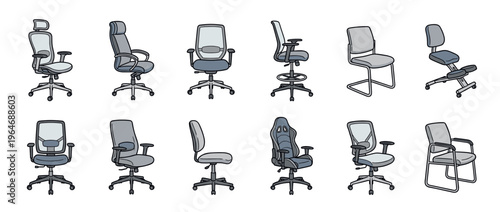 Collection of various modern office chairs, including ergonomic, gaming, and task chairs, for comfortable workspace seating solutions.