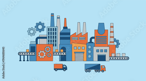 Industrial factory complex illustration with gears, conveyor belts, and trucks
