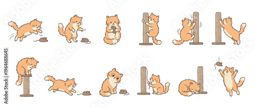 Cute orange cat playing with a scratching post and toy mouse, jumping, scratching, and sleeping in a delightful cartoon illustration set.