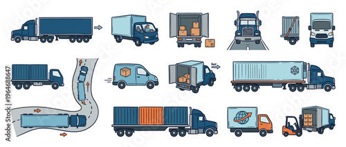 Collection of various commercial trucks and delivery vans illustrating different aspects of logistics, shipping, and freight transportation services.